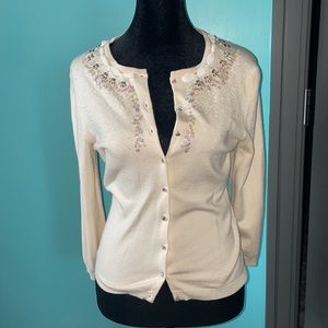 Vintage Express button up sweater holiday sequins beads rhinestones cream small